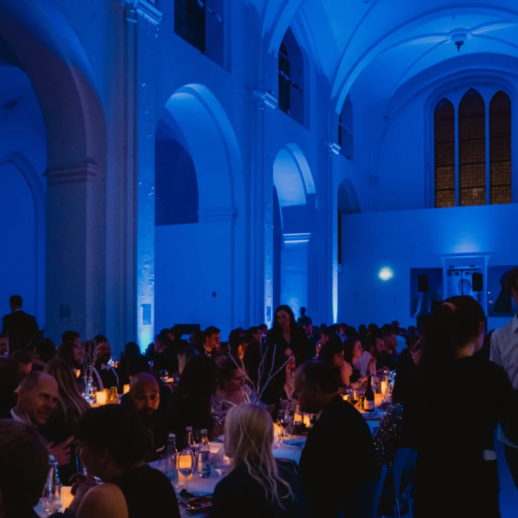 Event styling and lighting for Christmas party at Nikolajs Kunsthal in central Copenhagen